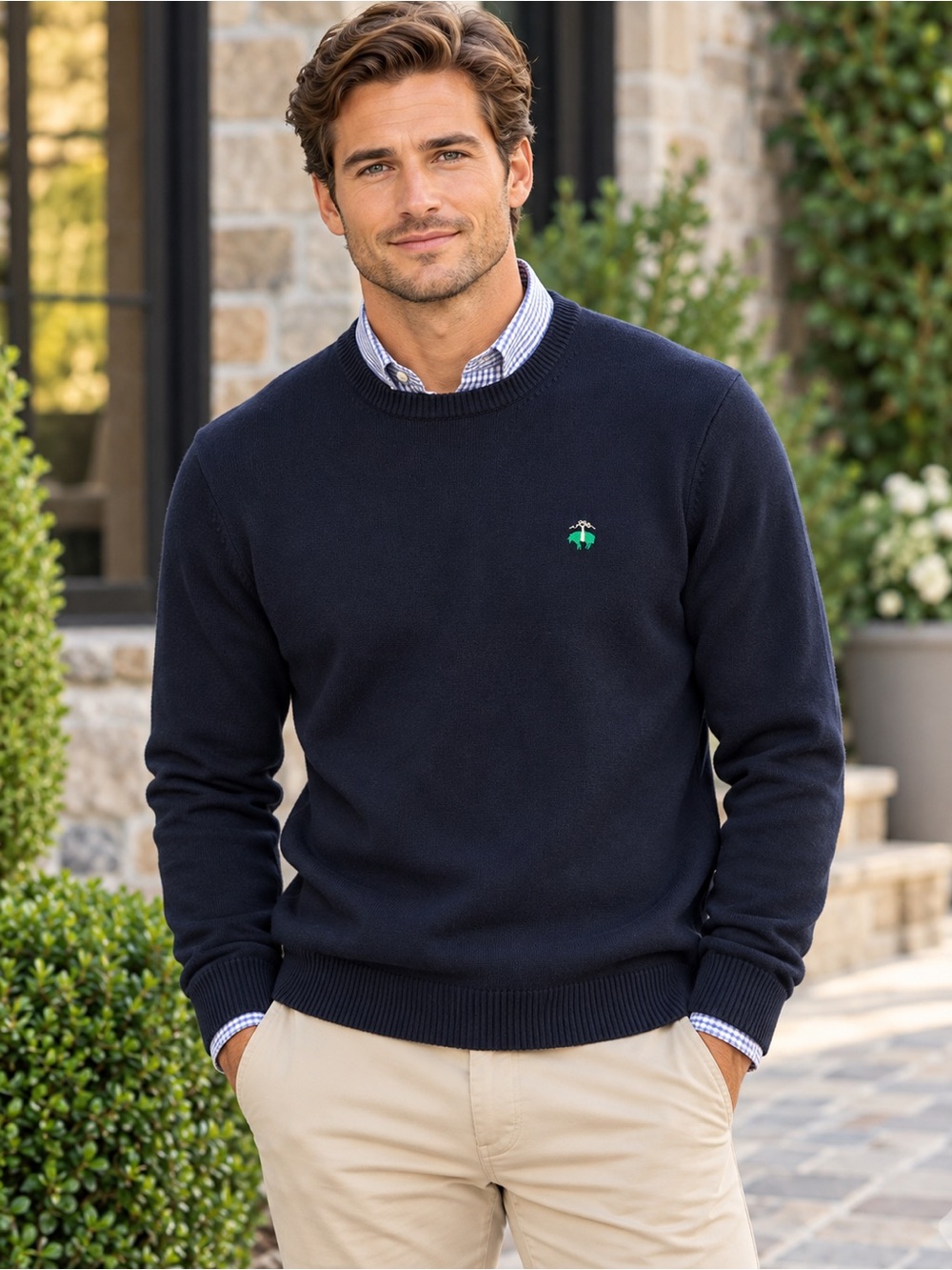 Brooks Brothers Supima Cotton Crewneck Sweater Mens S Navy Logo Preppy
